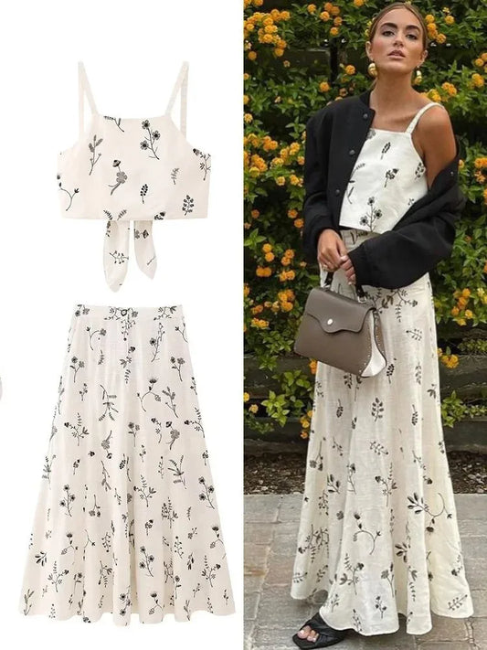 Komplet damski | wzór kwiatowy, długa spódnica