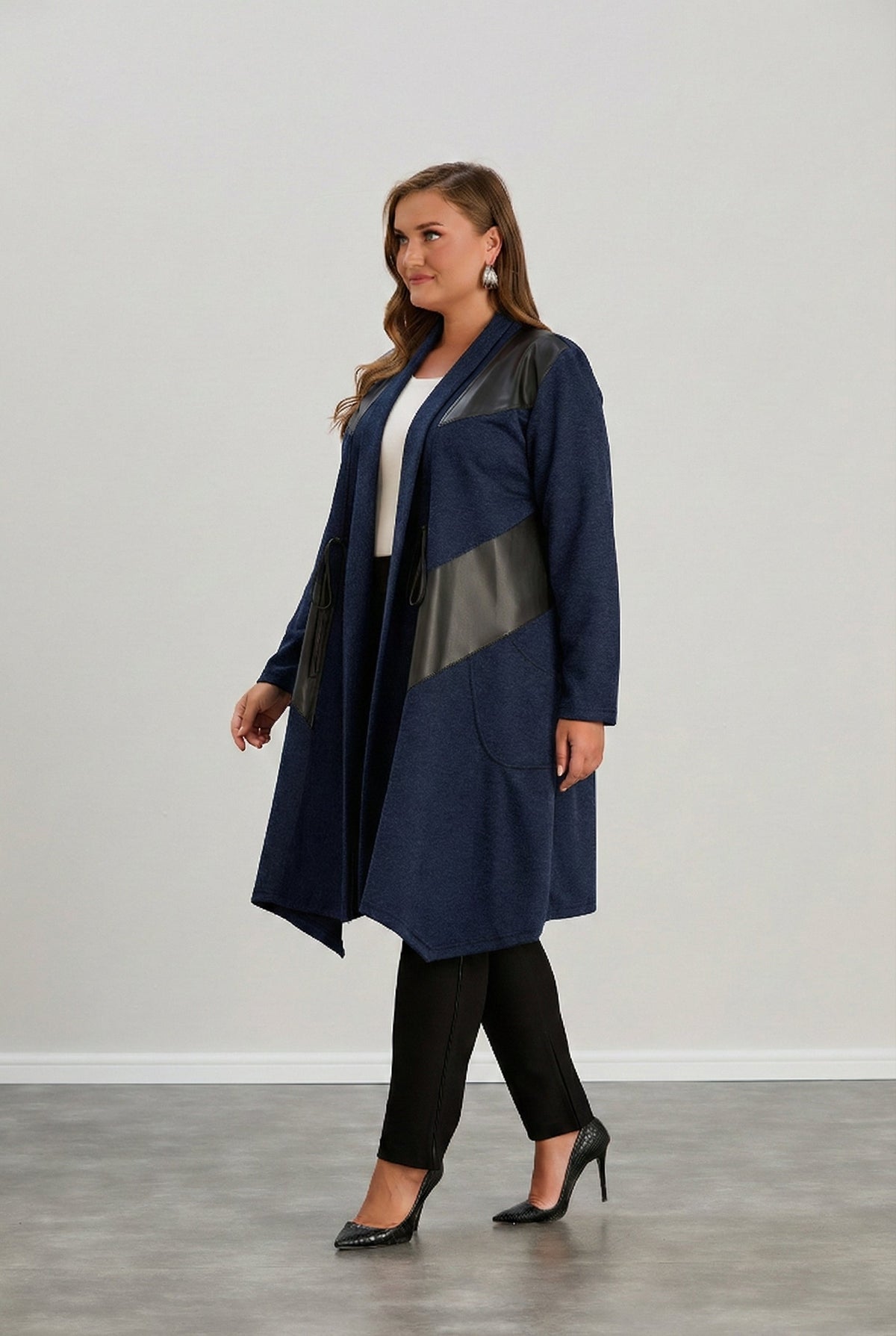Kardigan damski | plus size, ekoskórzane detale