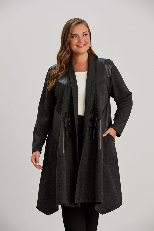 Kardigan damski | plus size, eko-skórne detale