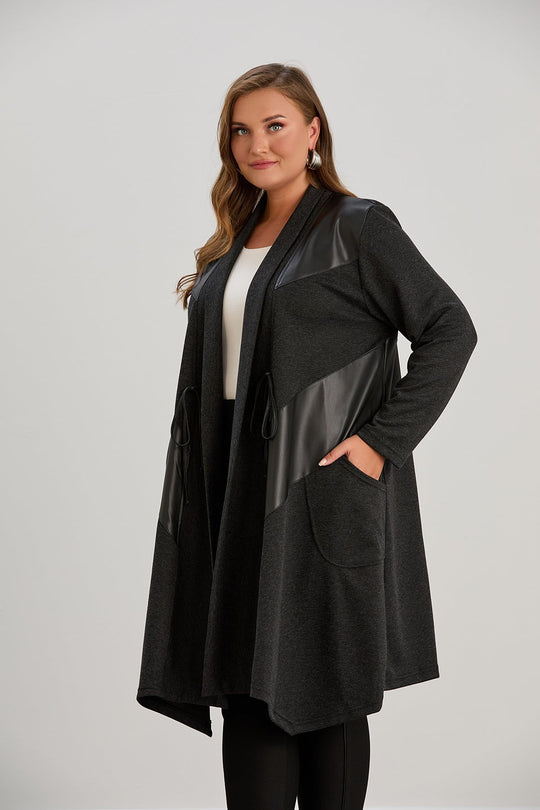 Kardigan damski | plus size, eko-skórne detale