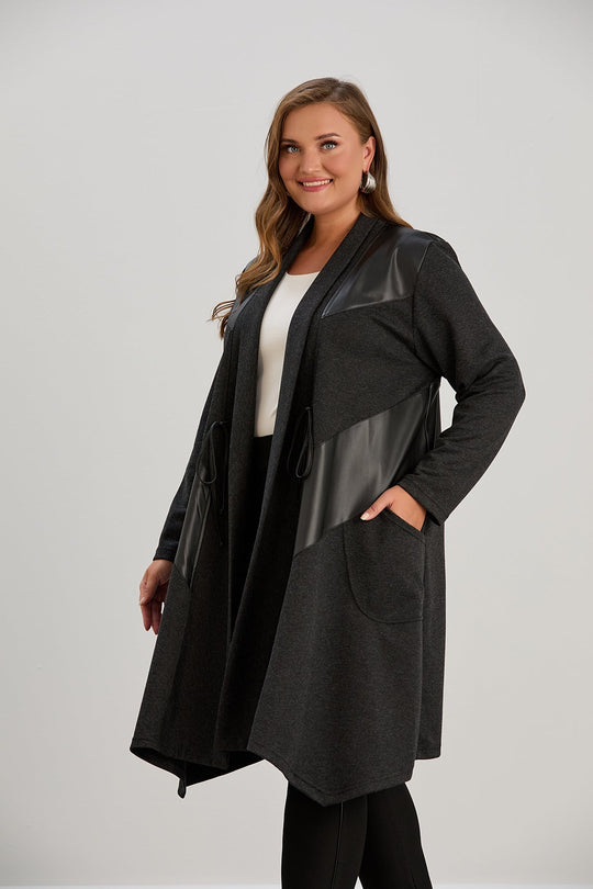 Kardigan damski | plus size, eko-skórne detale