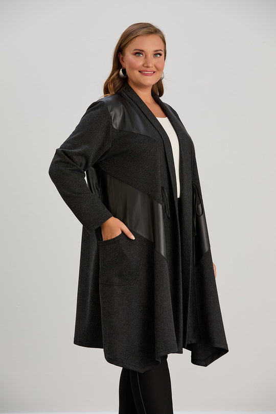 Kardigan damski | plus size, eko-skórne detale