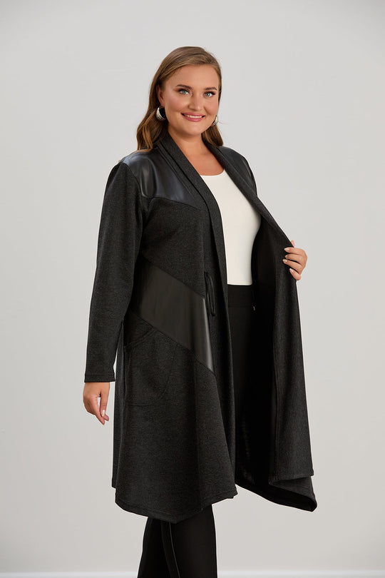 Kardigan damski | plus size, eko-skórne detale