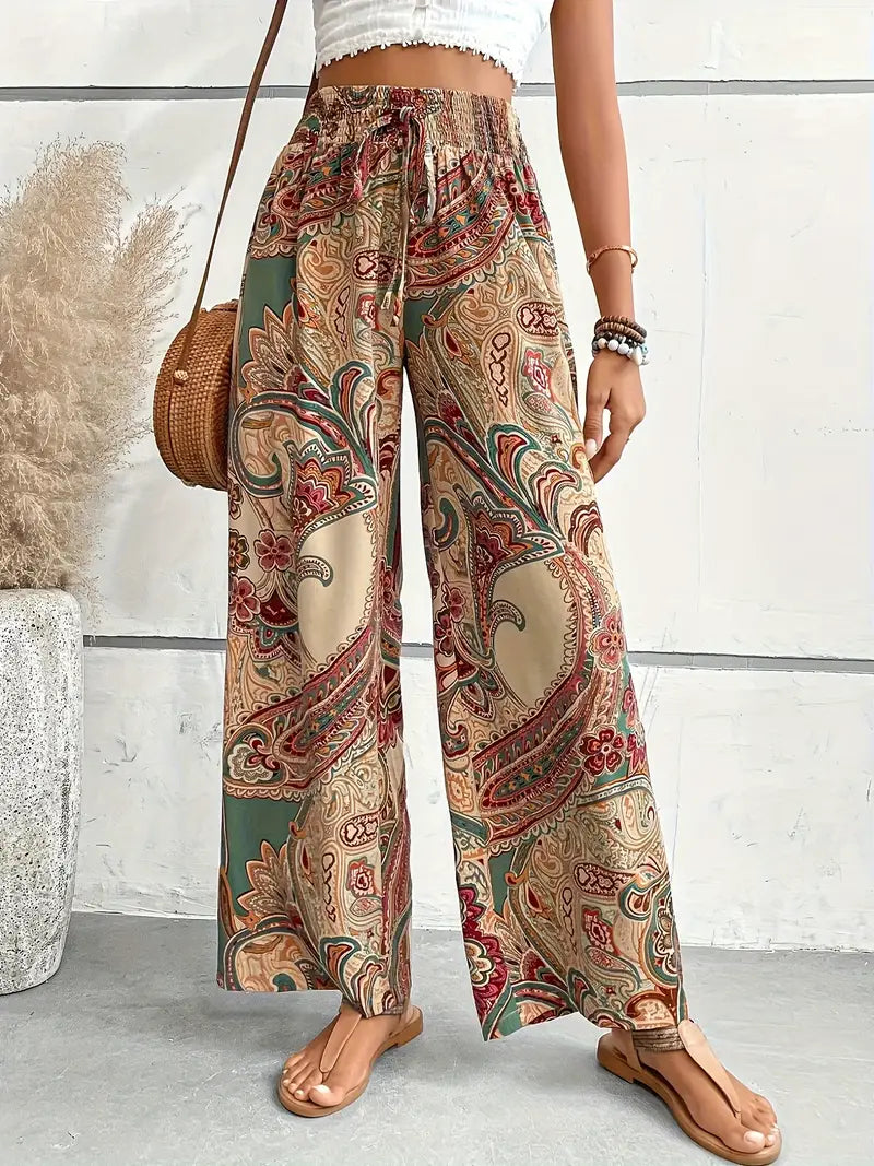 Eleganckie Boho Szerokie Spodnie z Wzorem Paisley dla Kobiet