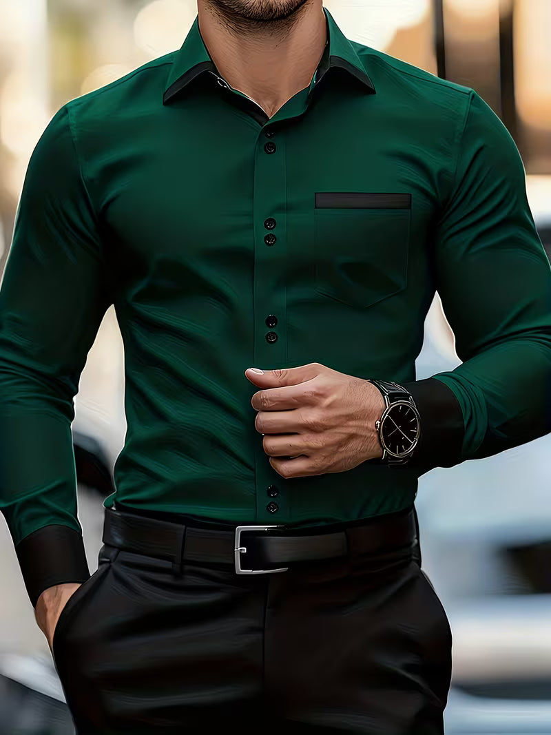 Męska Koszula z Długim Rękawem Slim Fit | Zapięcie na Guziki | Elegancki Dopasowany Krój | Do Biura i Na Formalne Okazje