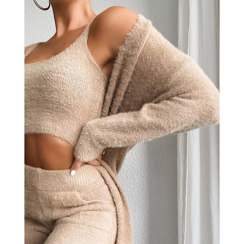 Damski | Komplet Loungewear | Dzianina Fuzzy | Luźny Krój | Elastyczna Talia | Zestaw 3-częściowy