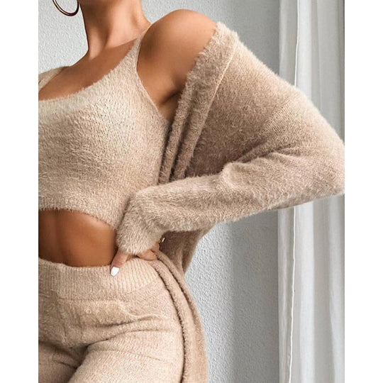 Damski | Komplet Loungewear | Dzianina Fuzzy | Luźny Krój | Elastyczna Talia | Zestaw 3-częściowy