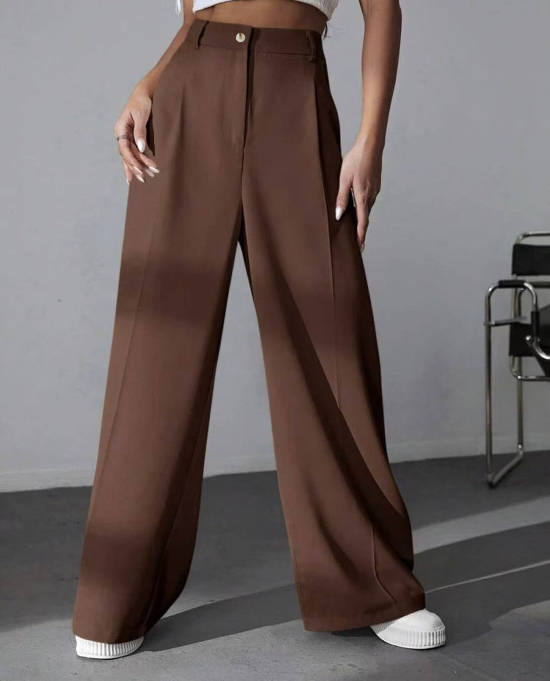 Damskie Spodnie Tailleur z Wysokim Stanem | Prosta Szeroka Nogawka | Eleganckie Fałdy z Przodu | Do Pracy i Na Co Dzień