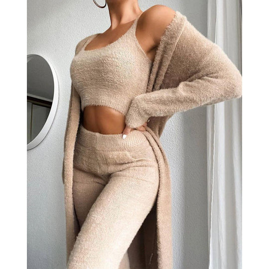Damski | Komplet Loungewear | Dzianina Fuzzy | Luźny Krój | Elastyczna Talia | Zestaw 3-częściowy