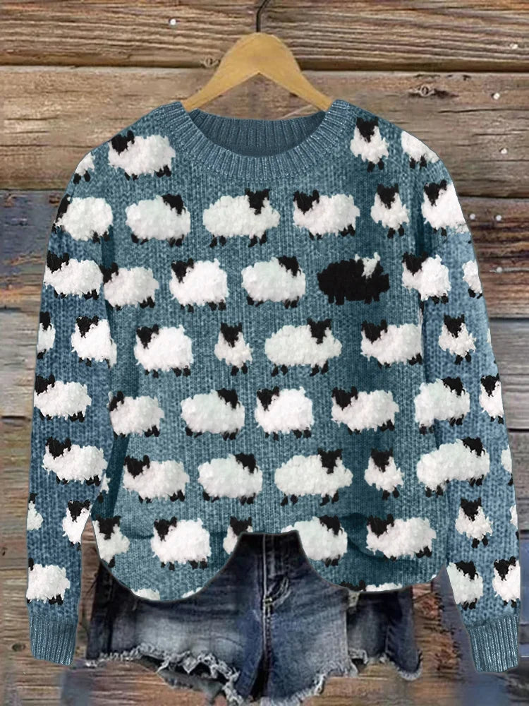 Damski Sweter – Luźny Krój – Wełna Dziana – Okrągły Dekolt – Wzór Owcy
