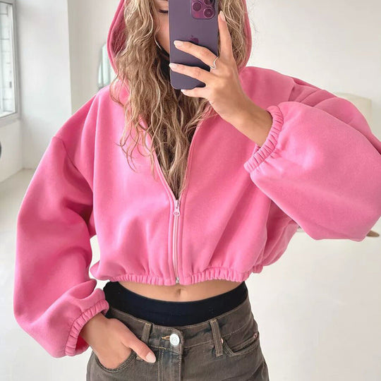 Kobieta | Krótka bluza z kapturem na zamek | Długie balonowe rękawy | Styl casual nowoczesny