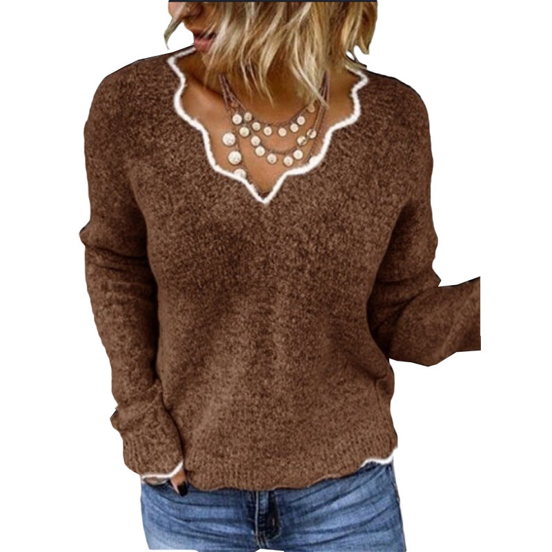 Sweter damski – Luźny krój – Wełna – Falbaniasty dekolt – Miękki casualowy pulower
