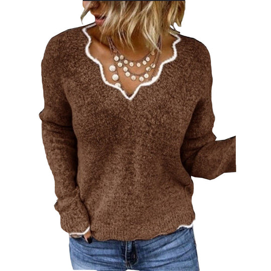 Sweter damski – Luźny krój – Wełna – Falbaniasty dekolt – Miękki casualowy pulower