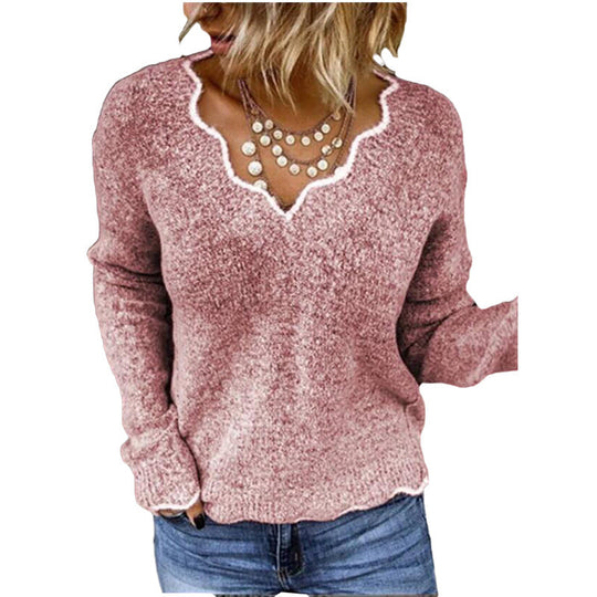 Sweter damski – Luźny krój – Wełna – Falbaniasty dekolt – Miękki casualowy pulower