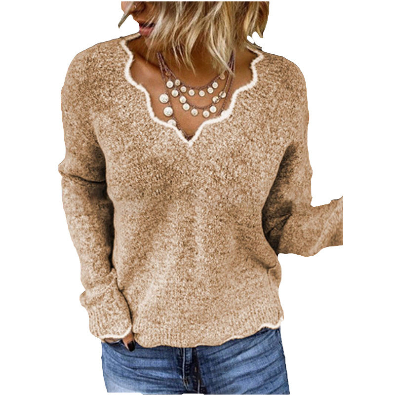 Sweter damski – Luźny krój – Wełna – Falbaniasty dekolt – Miękki casualowy pulower