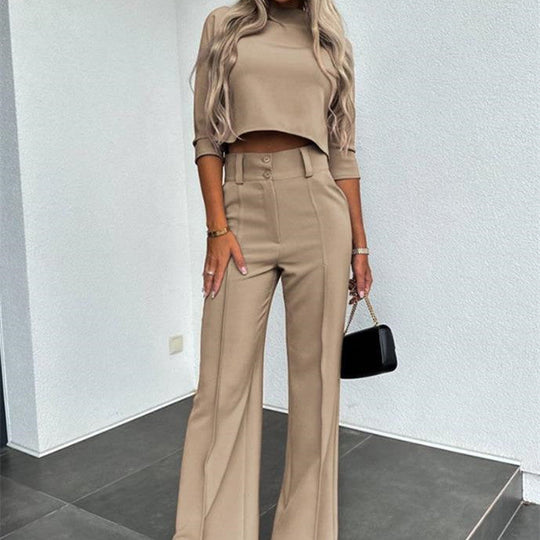 Kobieta | Garnitur Damski | Spodnie z Szerokimi Nogawkami | Regular Fit | Elegancki Top | All-Season