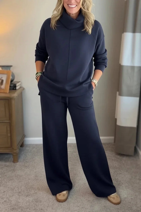 Kobieta | Zestaw Loungewear | Aya | Dzianinowy Komplet | Szerokie Spodnie | Granatowy | All-Season