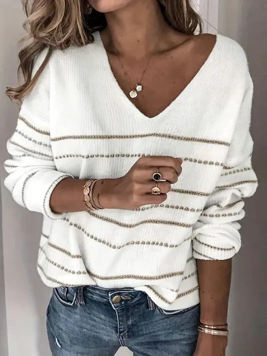 Luna - Pasiasty Sweter z Dekoltem w Serek dla Modnej Kobiety