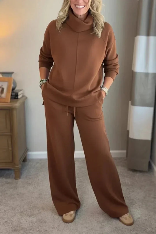 Kobieta | Zestaw Loungewear | Aya | Dzianinowy Komplet | Szerokie Spodnie | Granatowy | All-Season