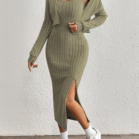 Trendy Zestaw Damski | Dopasowana Midi Sukienka i Krótki Żakiet z Rozcięciem | Styl Premium