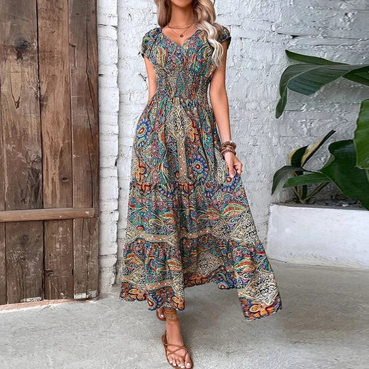 Sukienka maxi boho | dekolt V, krótkie rękawy