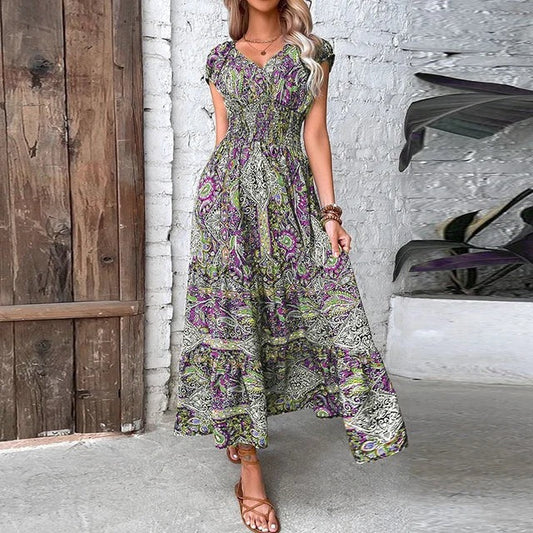 Sukienka maxi boho | dekolt V, krótkie rękawy