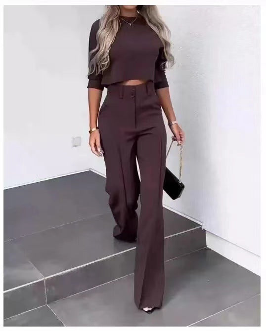 Kobieta | Garnitur Damski | Spodnie z Szerokimi Nogawkami | Regular Fit | Elegancki Top | All-Season