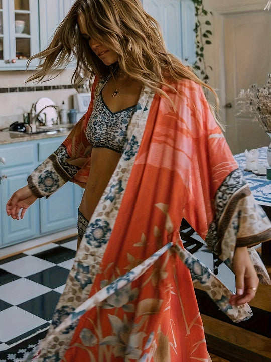 Kobieta | Maxi Kimono | Boho | Kwiatowy Wzór | Relaxed Fit | Lato i Wakacje