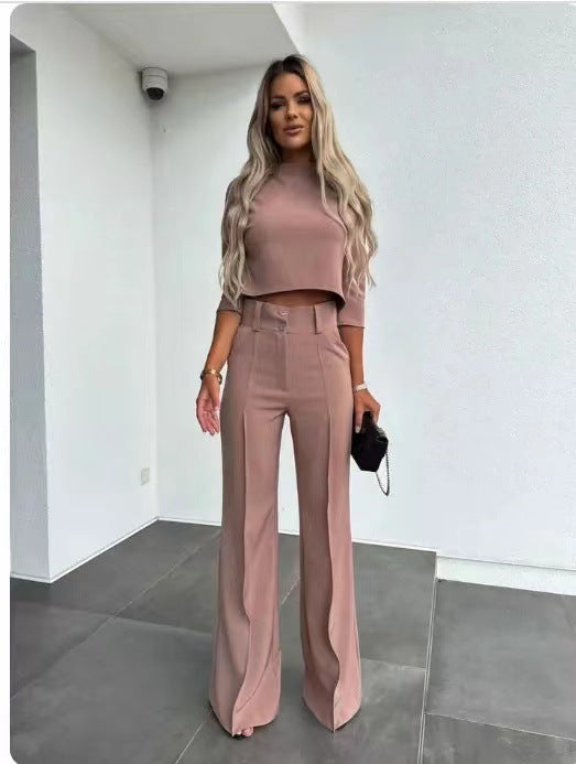 Kobieta | Garnitur Damski | Spodnie z Szerokimi Nogawkami | Regular Fit | Elegancki Top | All-Season
