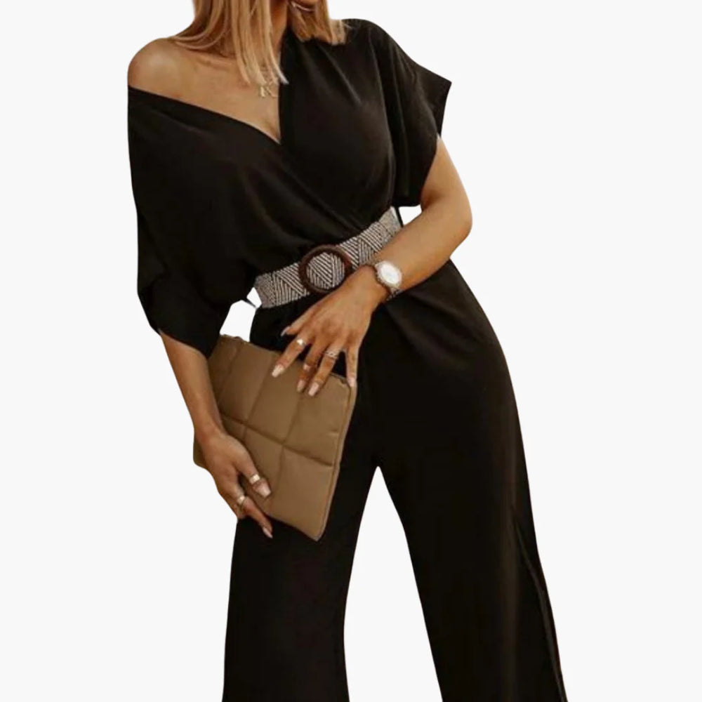Kobieta | Kombinezon z Dekoltem w Serek | Pasek | Szerokie Nogawki | Krótkie Rękawy | Styl Casual i Elegancki
