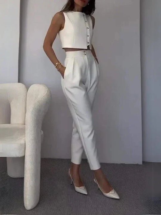 Kobieta | Komplet Damski Co-ord | Sherita | Biały | Kamizelka i Spodnie High-Waist | Elegancki | All-Season