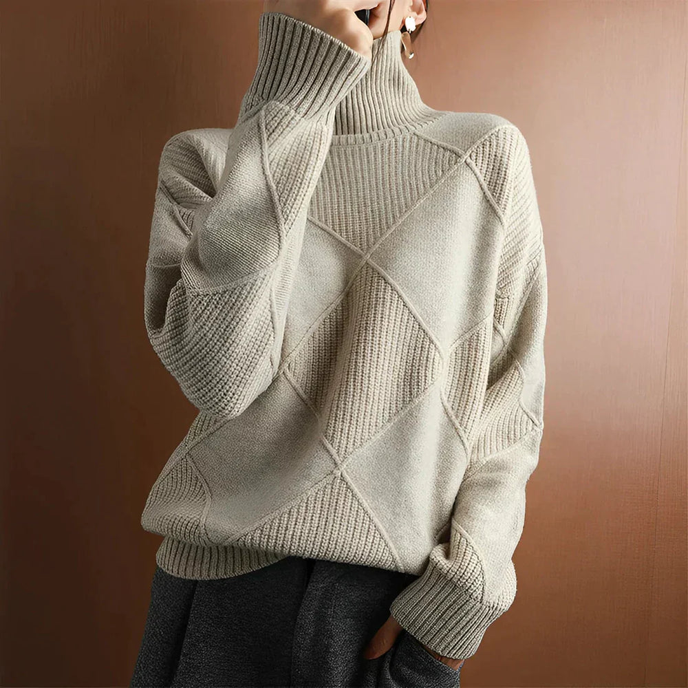 Damski sweter – Oversized krój – Mieszanka wełny – Wysoka szyja – Diamentowy wzór