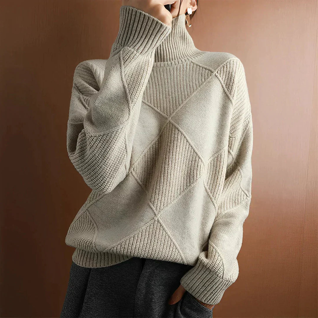 Damski sweter – Oversized krój – Mieszanka wełny – Wysoka szyja – Diamentowy wzór