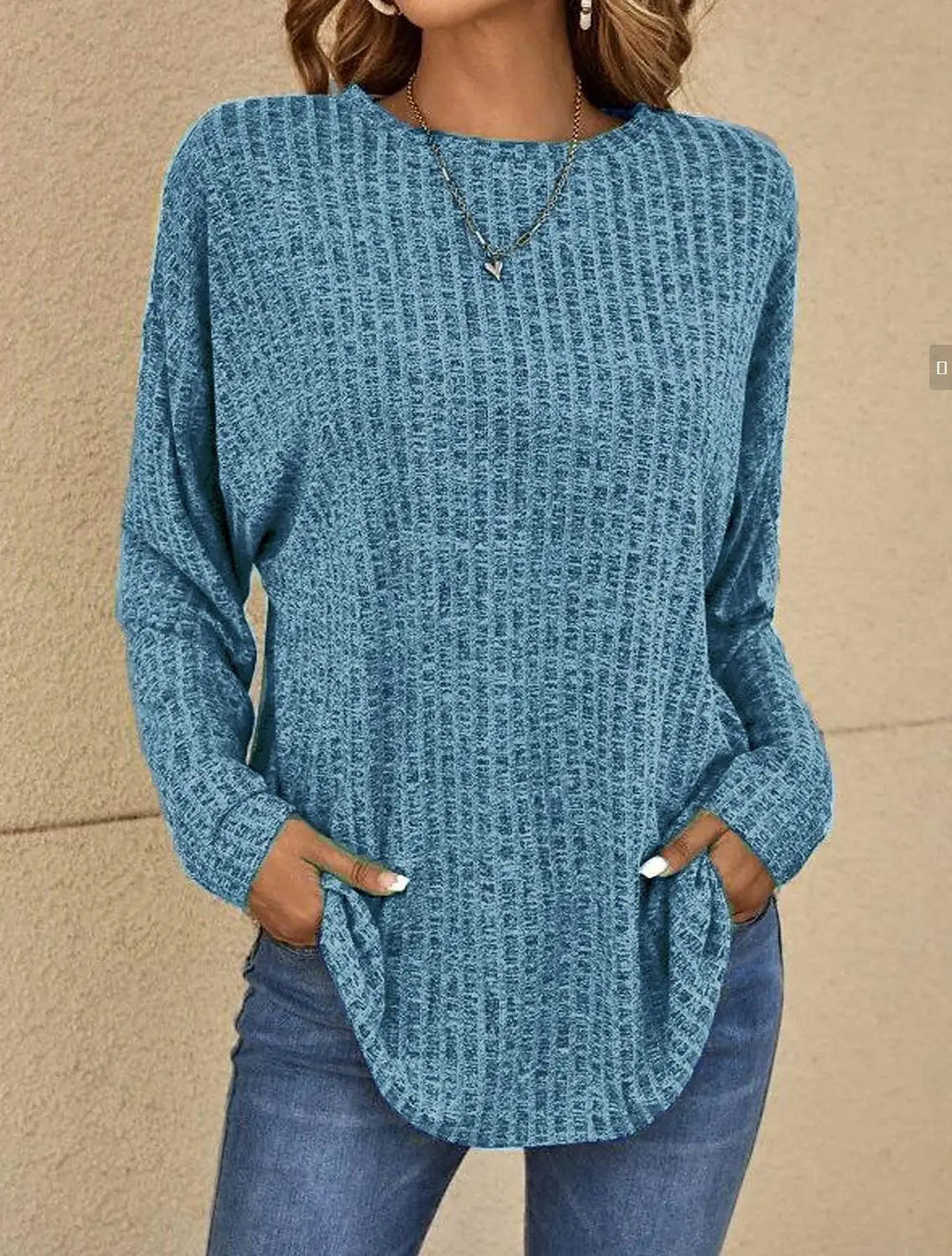 Damski sweter – Luźny krój – Miękka dzianina – Struktura prążkowana – Długie rękawy casual