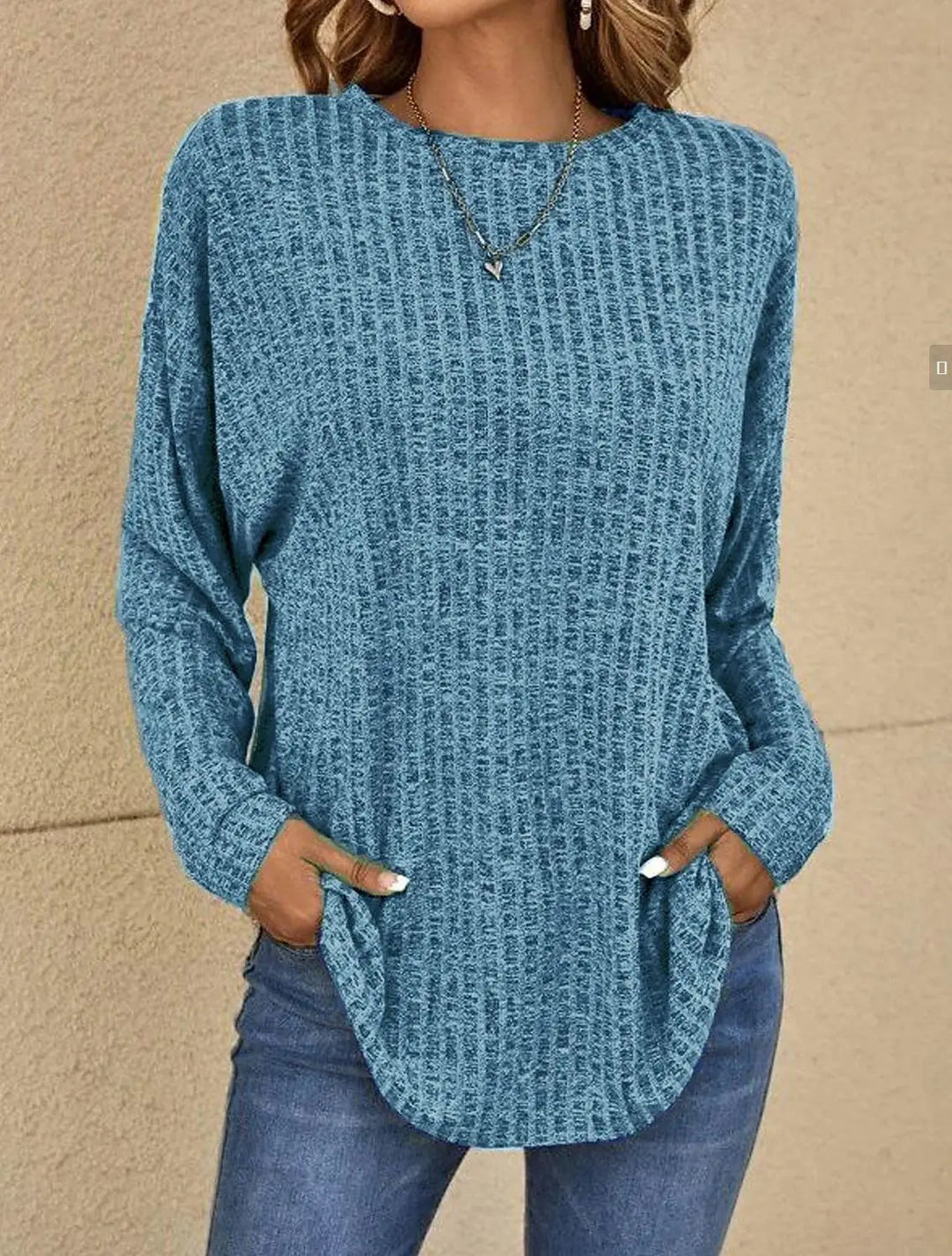 Damski sweter – Luźny krój – Miękka dzianina – Struktura prążkowana – Długie rękawy casual