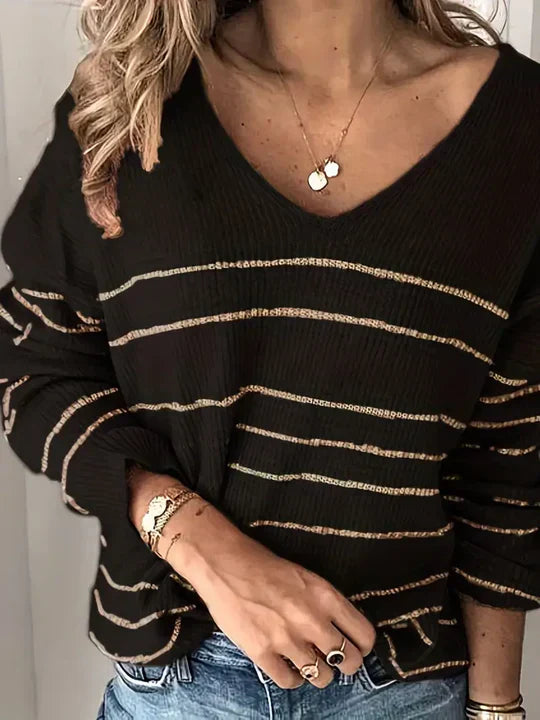 Luna - Pasiasty Sweter z Dekoltem w Serek dla Modnej Kobiety
