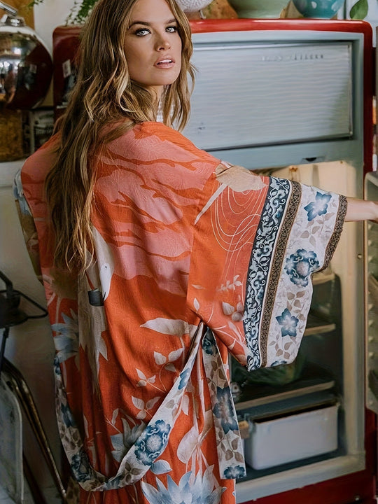 Kobieta | Maxi Kimono | Boho | Kwiatowy Wzór | Relaxed Fit | Lato i Wakacje