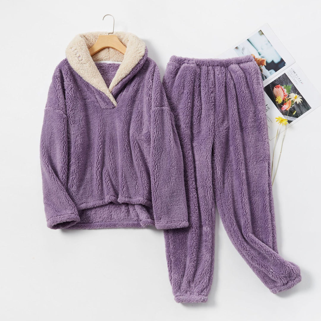 Damski | Komplet Piżamowy Fleece | V-dekolt | Luźny Krój | Ciepły i Miękki