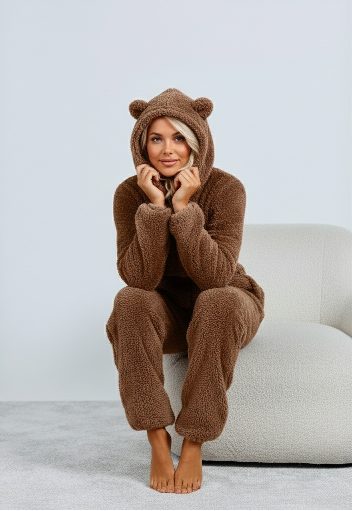 Damski | Onesie Loungewear | Fleece/Sherpa | Uszka Misia | Luźny Krój | Komfortowy