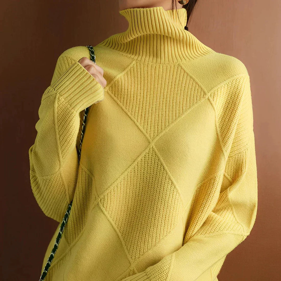 Damski sweter – Oversized krój – Mieszanka wełny – Wysoka szyja – Diamentowy wzór