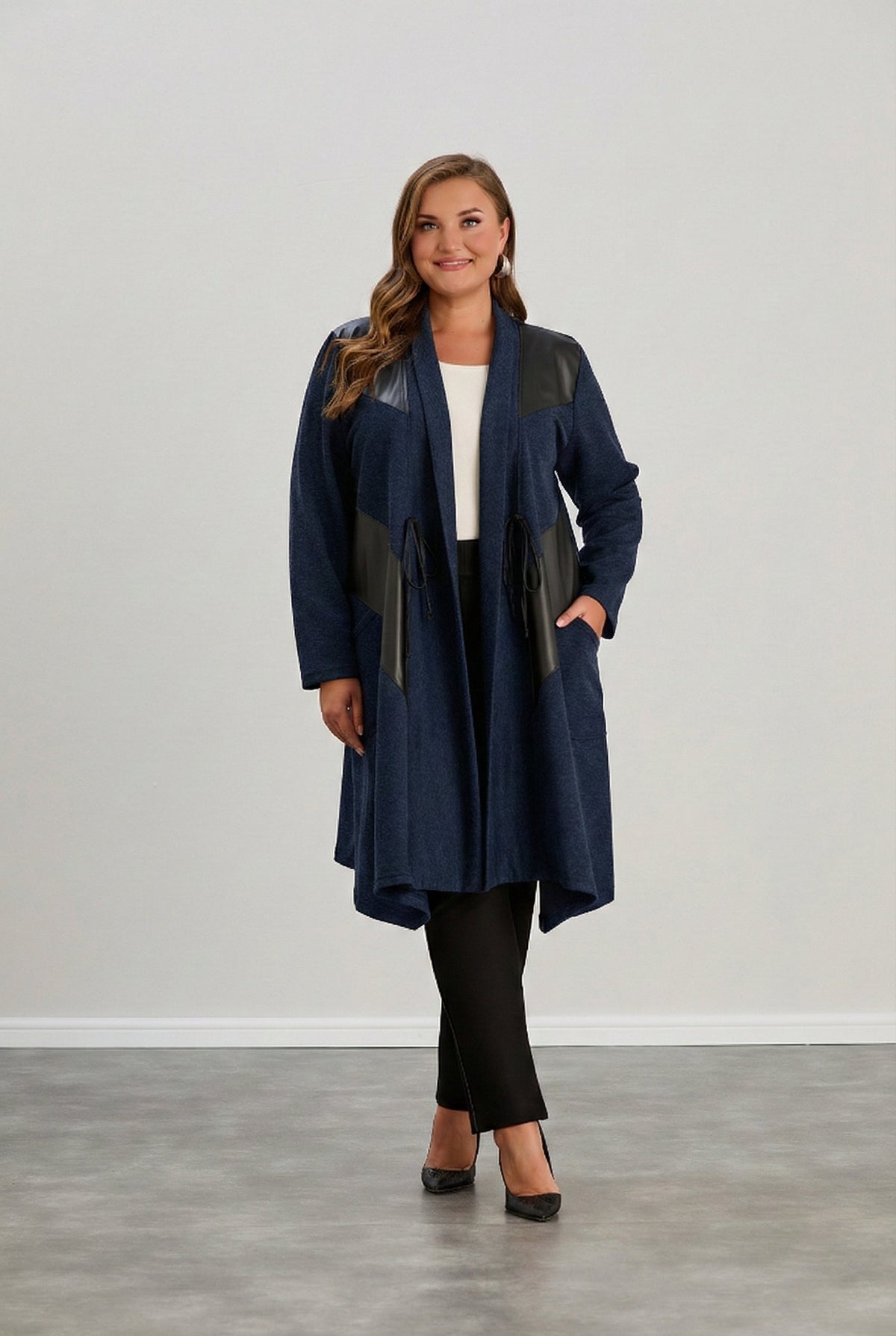 Kardigan damski | plus size, ekoskórzane detale