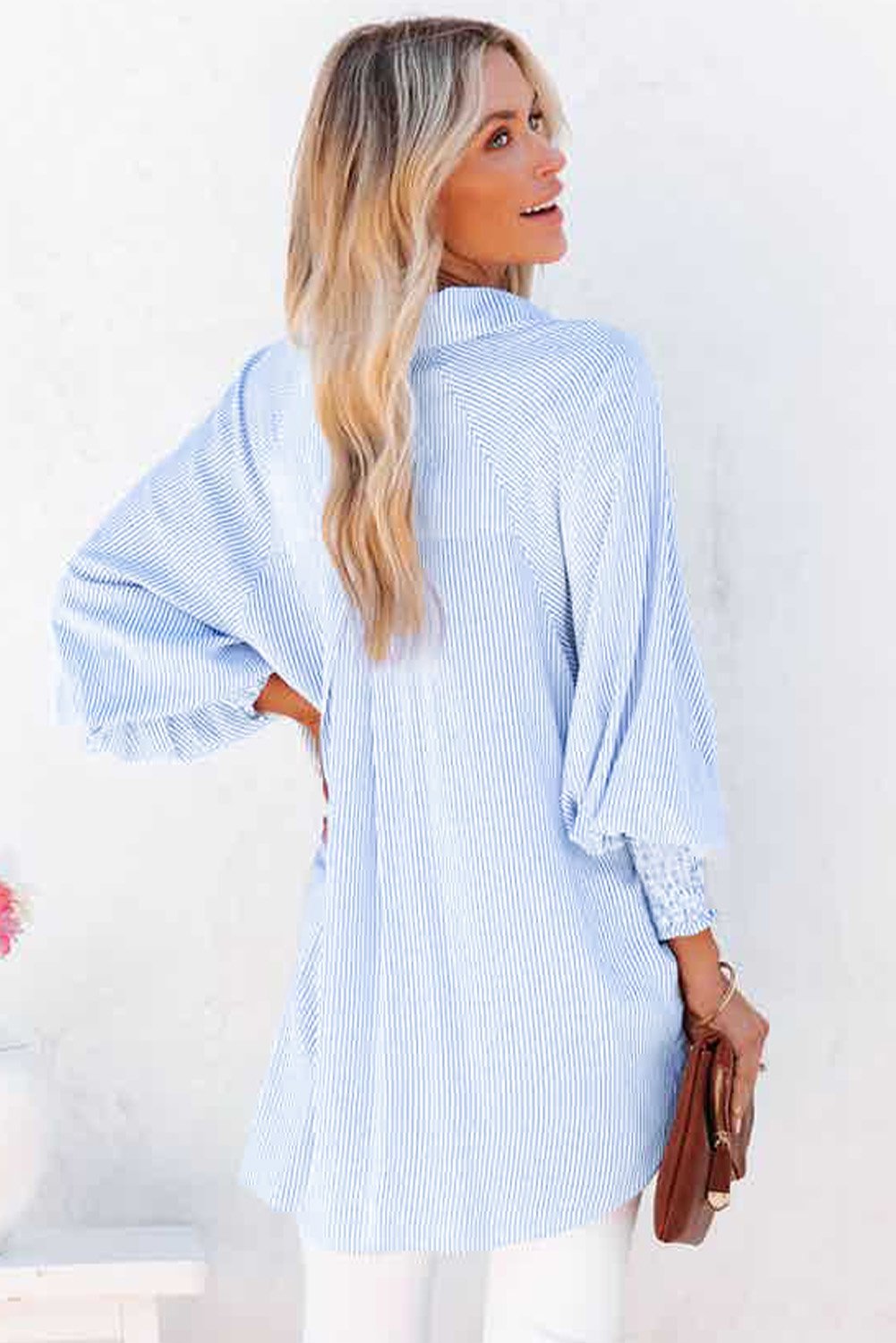 Damska Koszula Midi w Paski Oversize | Długi Rękaw z Marszczeniem | Luźny Krój | Casual i Podróże