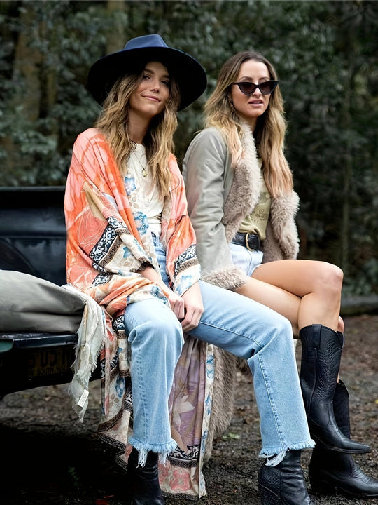 Kobieta | Maxi Kimono | Boho | Kwiatowy Wzór | Relaxed Fit | Lato i Wakacje