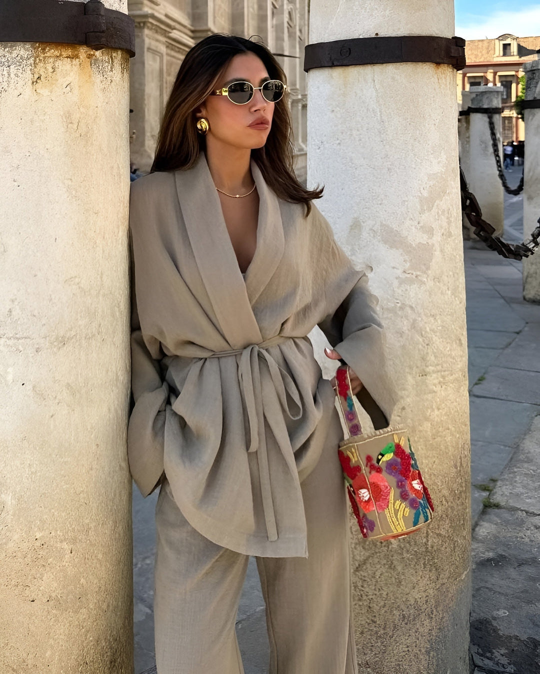 Myrle | Dwuczęściowy zestaw kimono | Top kopertowy | Szerokie spodnie | Relaxed fit | Letni