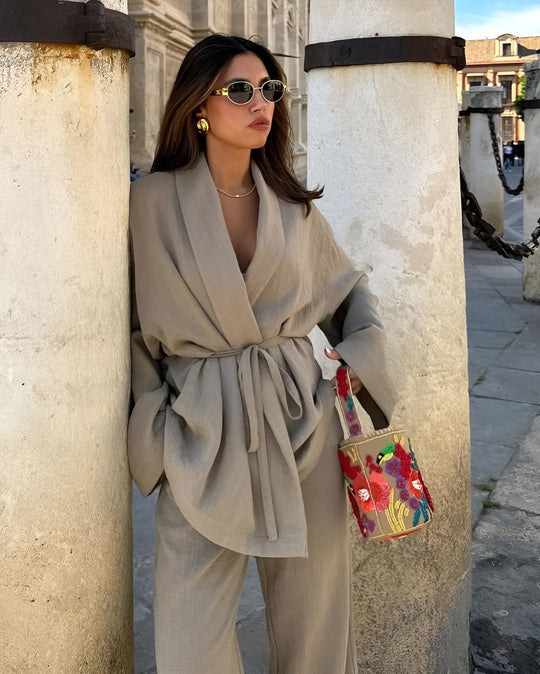 Myrle | Dwuczęściowy zestaw kimono | Top kopertowy | Szerokie spodnie | Relaxed fit | Letni