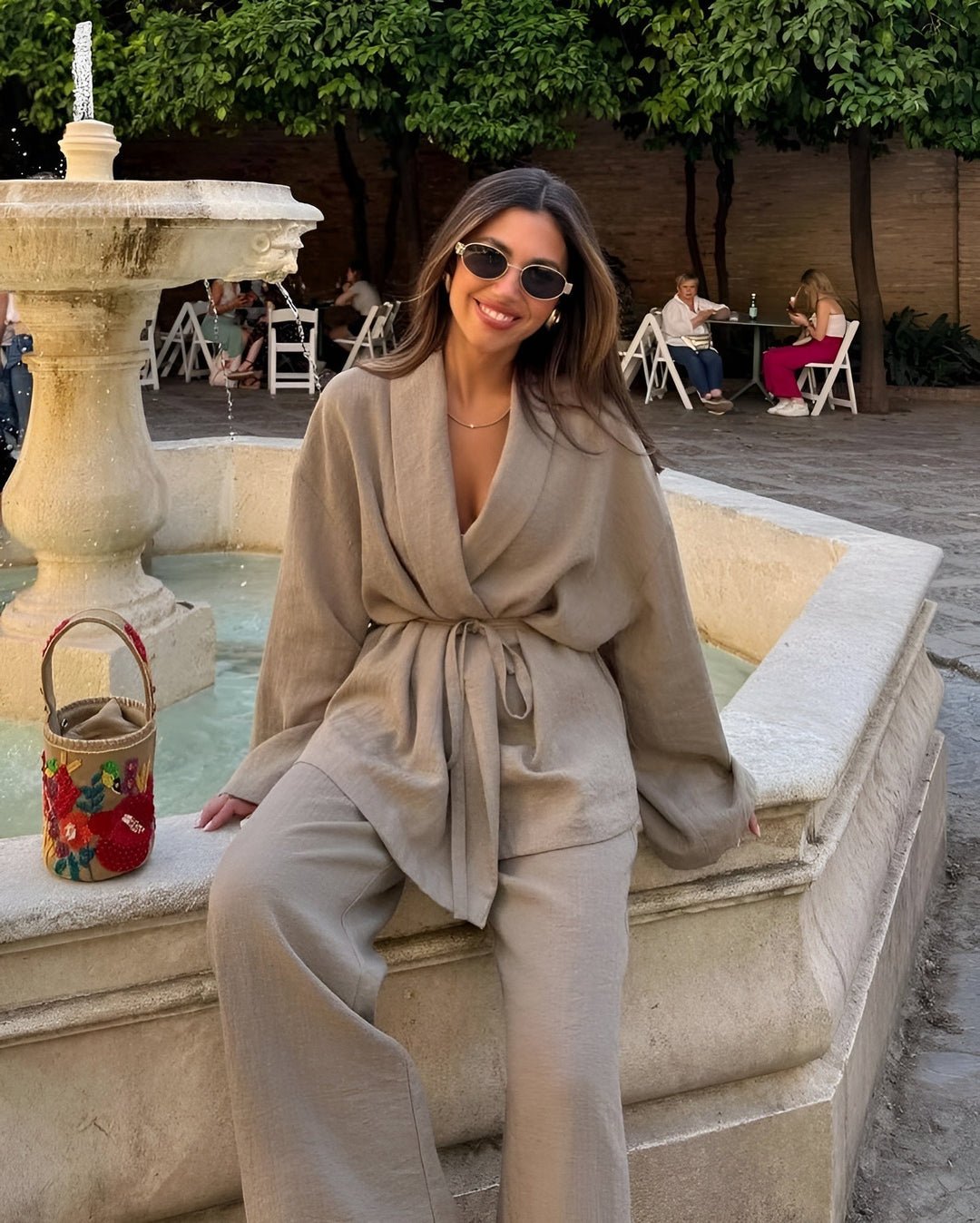 Myrle | Dwuczęściowy zestaw kimono | Top kopertowy | Szerokie spodnie | Relaxed fit | Letni