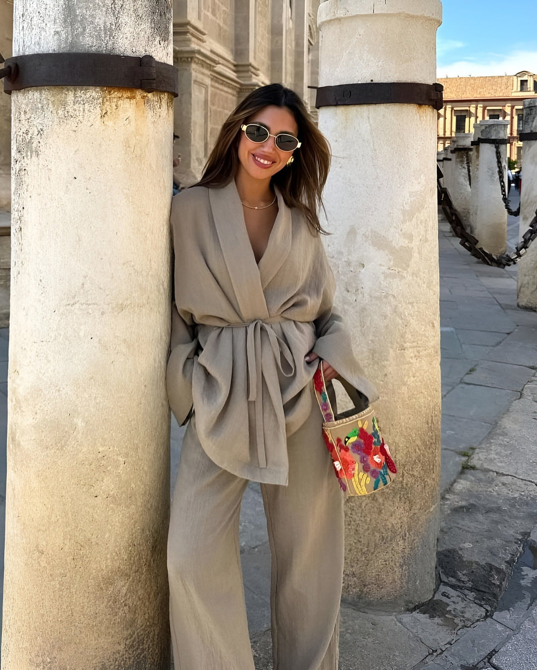 Myrle | Dwuczęściowy zestaw kimono | Top kopertowy | Szerokie spodnie | Relaxed fit | Letni