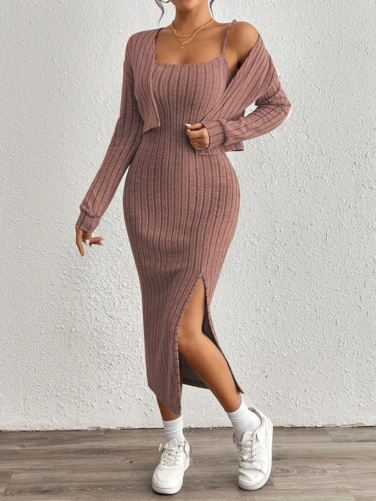 Trendy Zestaw Damski | Dopasowana Midi Sukienka i Krótki Żakiet z Rozcięciem | Styl Premium