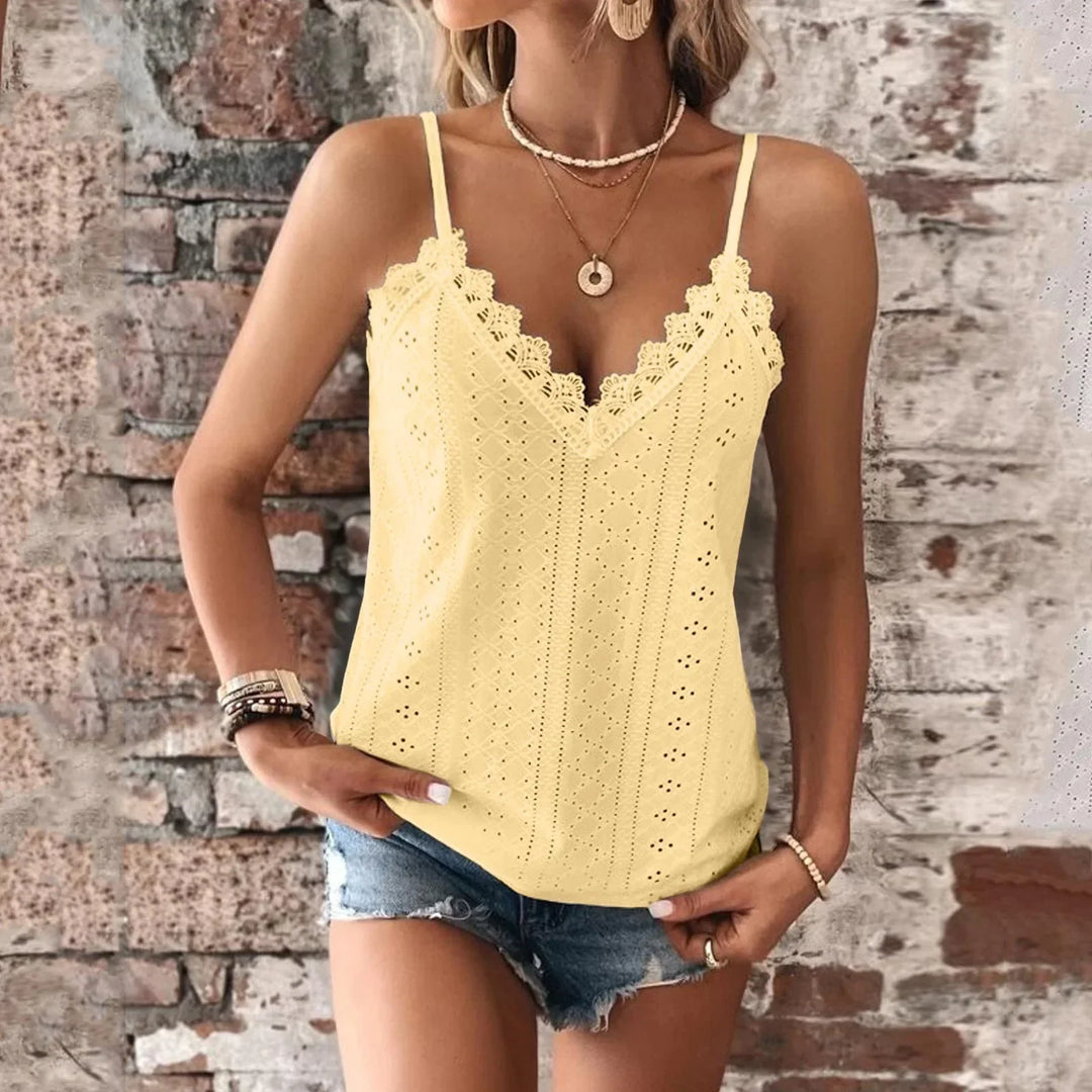 Top bez rękawów z dekoltem w serek i koronkowym detalem dla kobiet | Idealny na lato