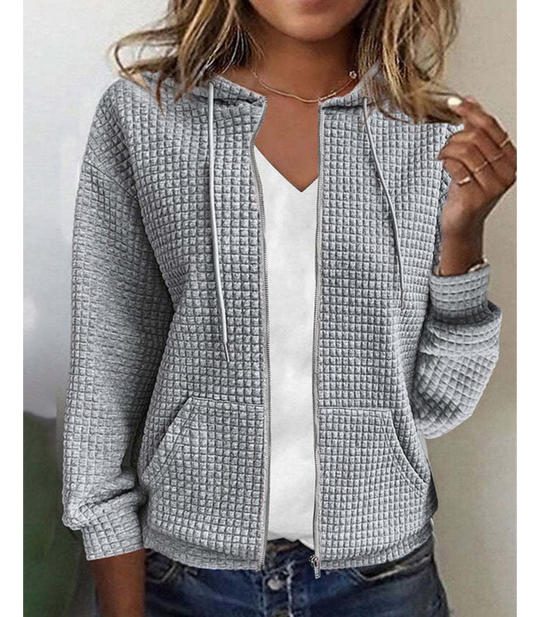 Kobieta | Teksturowana Bluza z Kapturem na Zamek | Przedni Zamek | Praktyczne Kieszenie | Nowoczesny Styl Casualowy